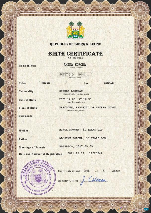 Download Sierra Leone vital record birth certificate PSD template Photoshop template